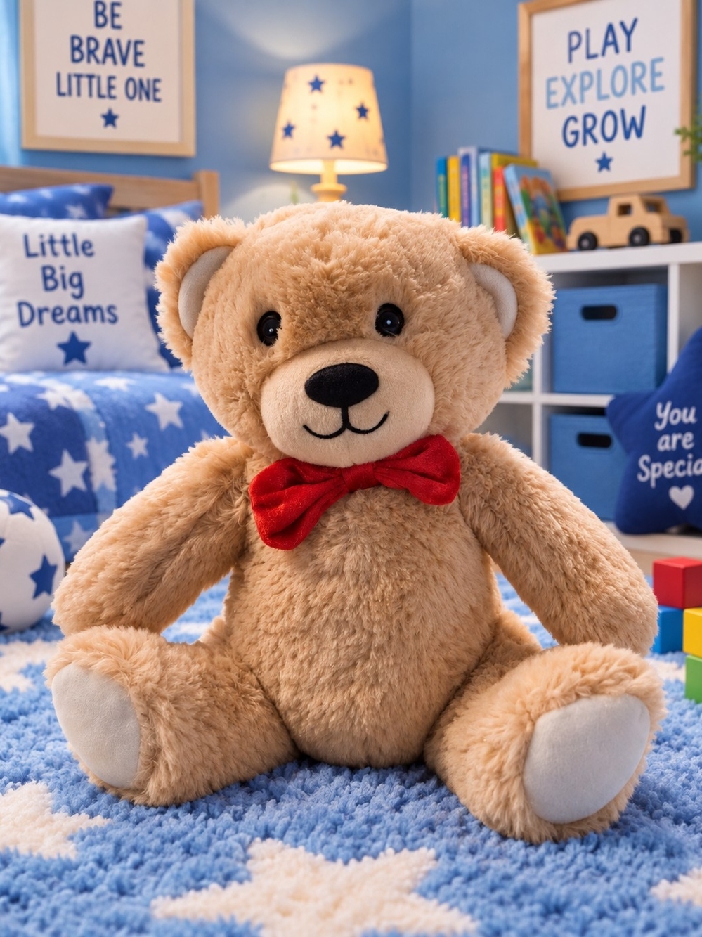 Plush Teddy Bear with Red Bow - Soft Brown Stuffed Animal for Kids